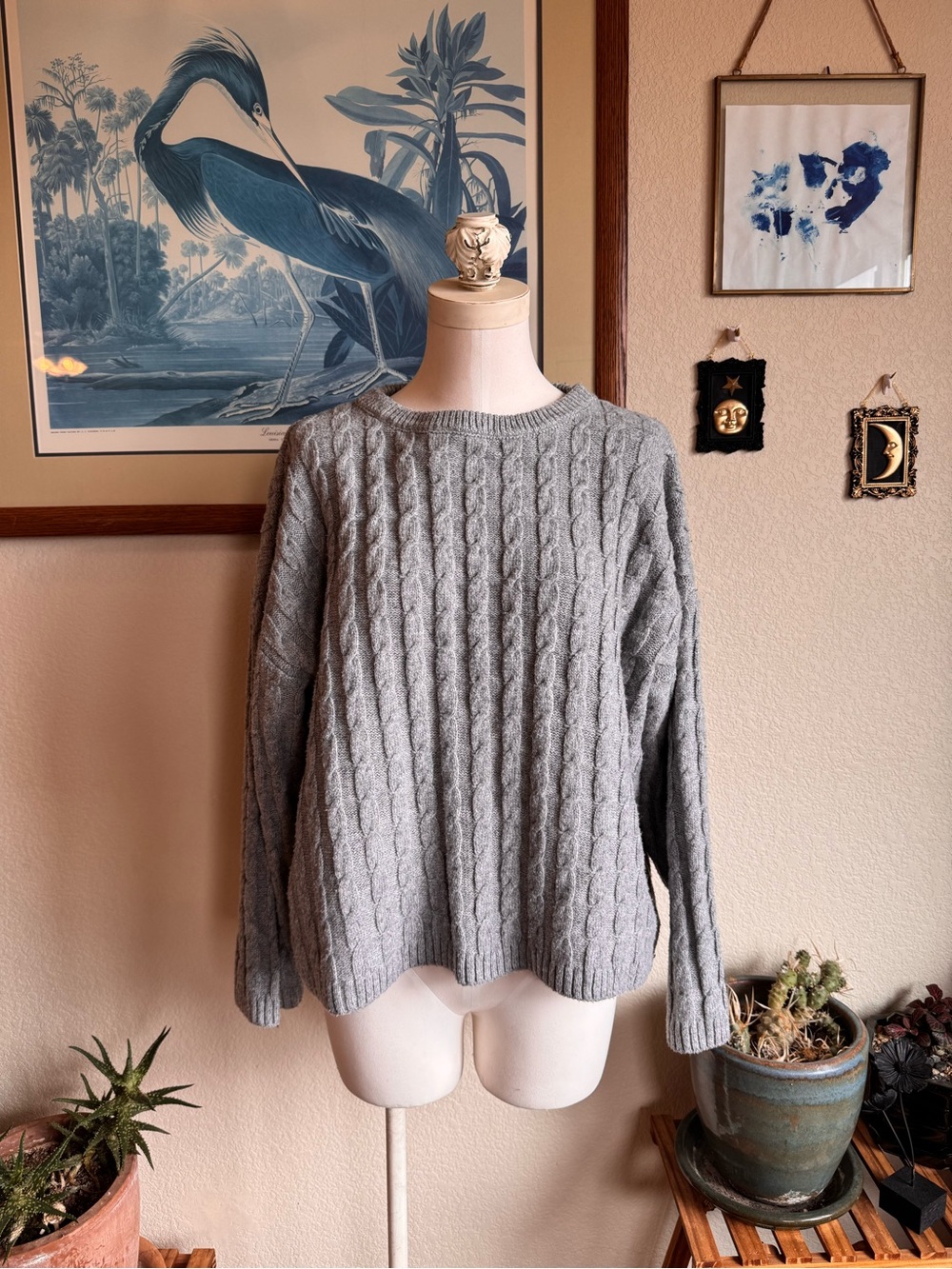 Commense Light Gray Cable Knit Crewneck Sweater